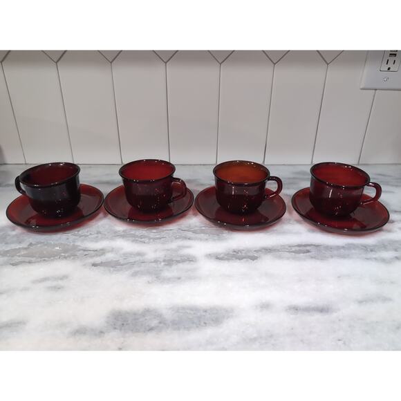 Arcoroc Glass Teacups & Saucers, Ruby Red Set, MCM Tea Set, French Glassware - Picture 1 of 11